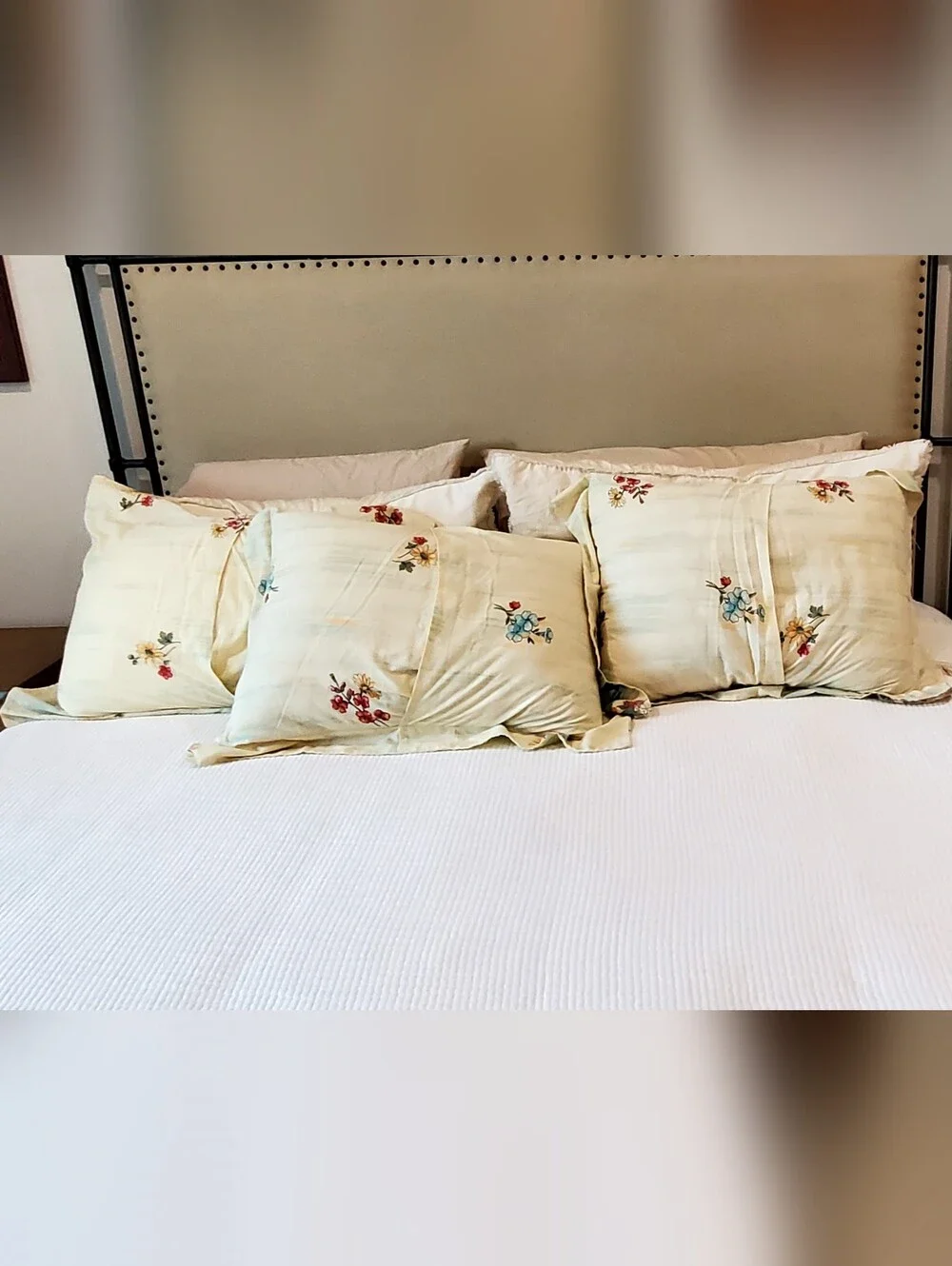 3 Vintage Pillow Shams Fisherman/Cabin/Mountains Creamy Ivory/Blues EUC